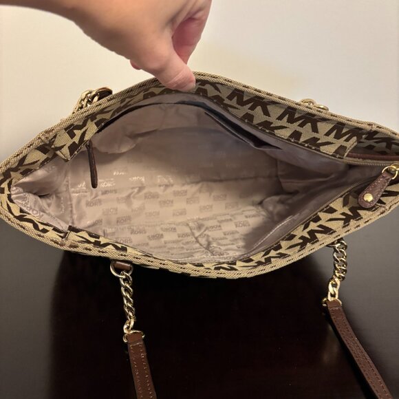 Michael Kors Jet Set Signature Tan Brown Gold Chain Handle Tote Bag - Picture 12 of 14